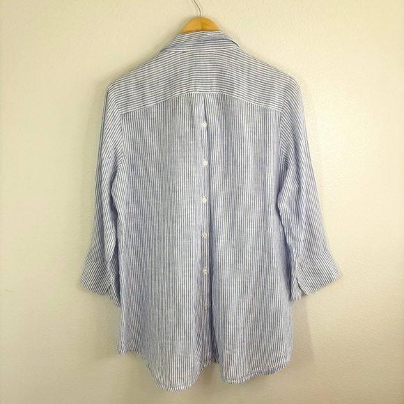 Boho Chic 100% Linen Blue White Striped Button-Back Shirt Top Size Large - Picture 4 of 10